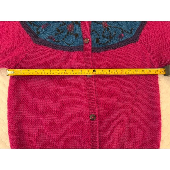 Vtg Manos Del Uruguay Handknit Wool Cardigan Sweater Fuchsia Blue L - Picture 9 of 10
